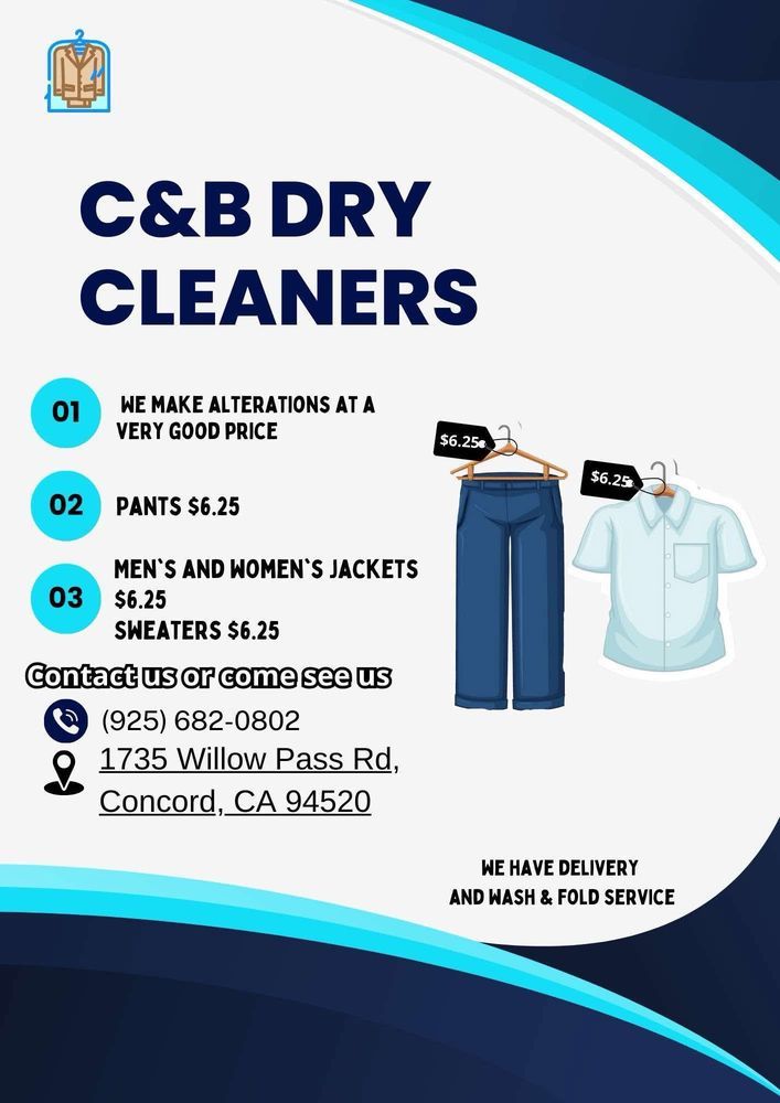 C&B Dry Cleaners flyer in navy and cyan listing alterations, pants, jackets and sweaters at $6.25, and delivery with wash and fold service